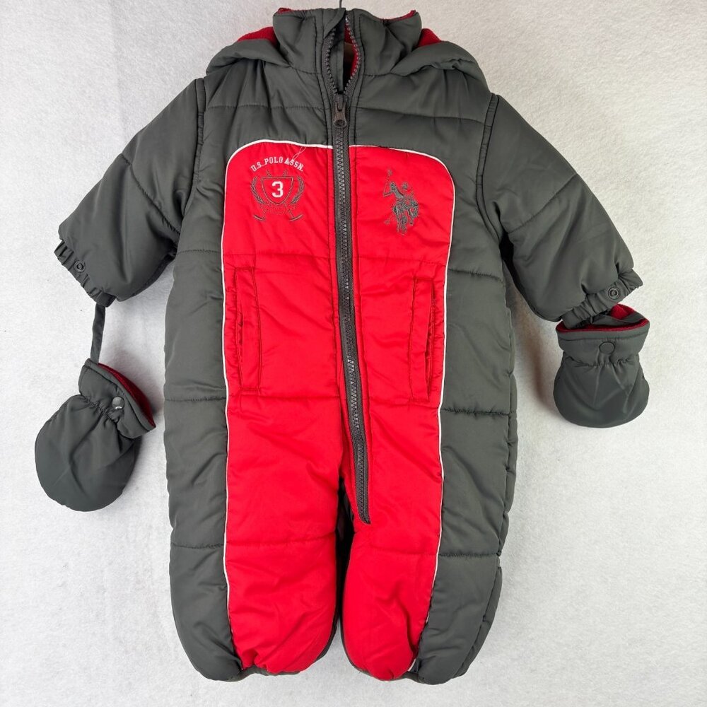 US Polo Baby Boys 12 Months Winter Puffer Hooded Snowsuit Gray Red Zipper